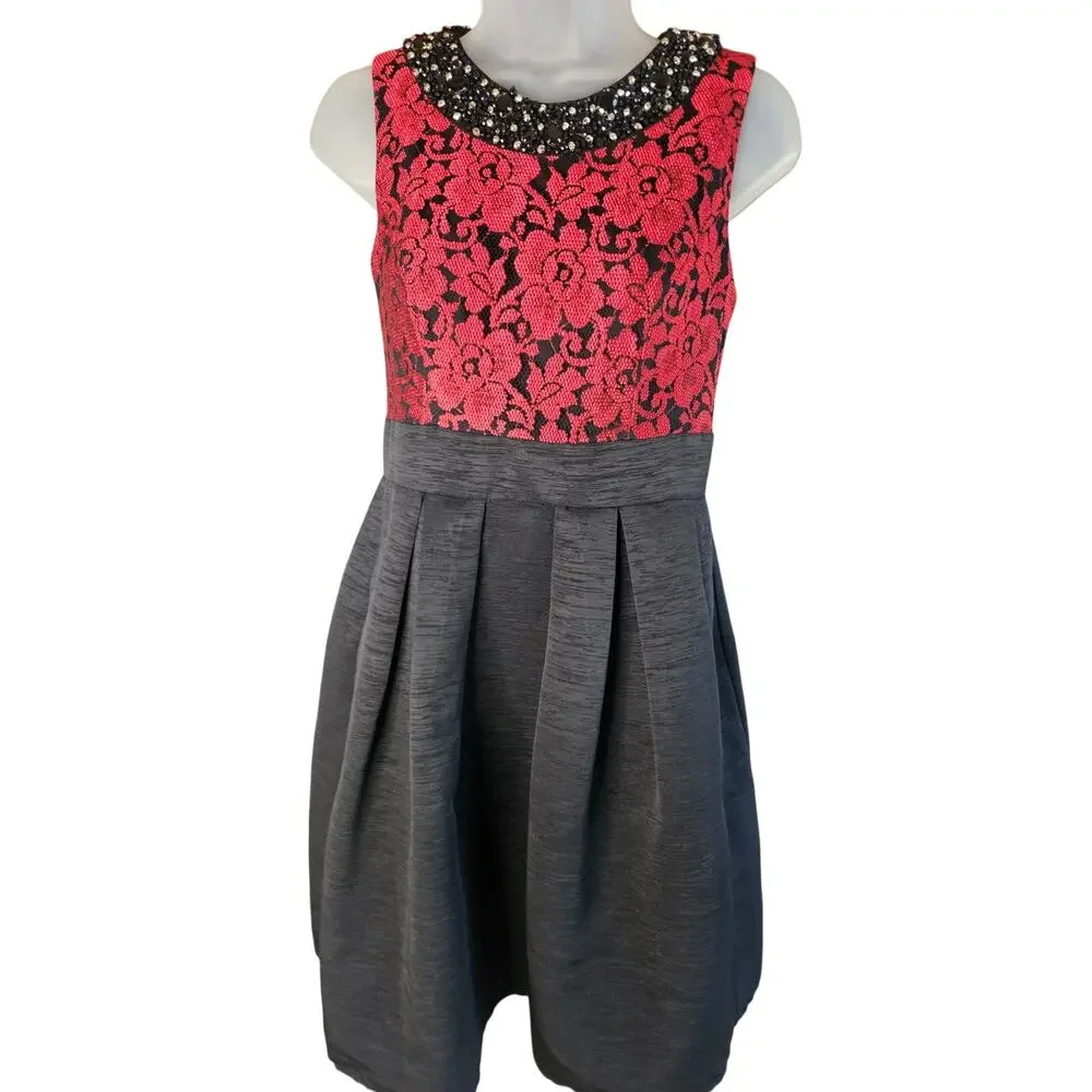 Eliza J Sz 4P Red/Blk Floral Dress Beaded Collar Lace Fit and Flare - Picture 2 of 13